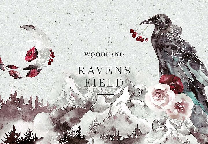 Woodland Ravens Field Watercolor Elements 1